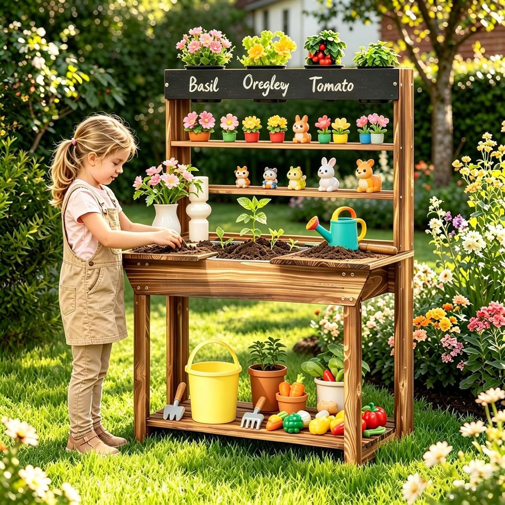 Kids Outdoor Chalkboard - Wooden Kids Gardening Bench with 4