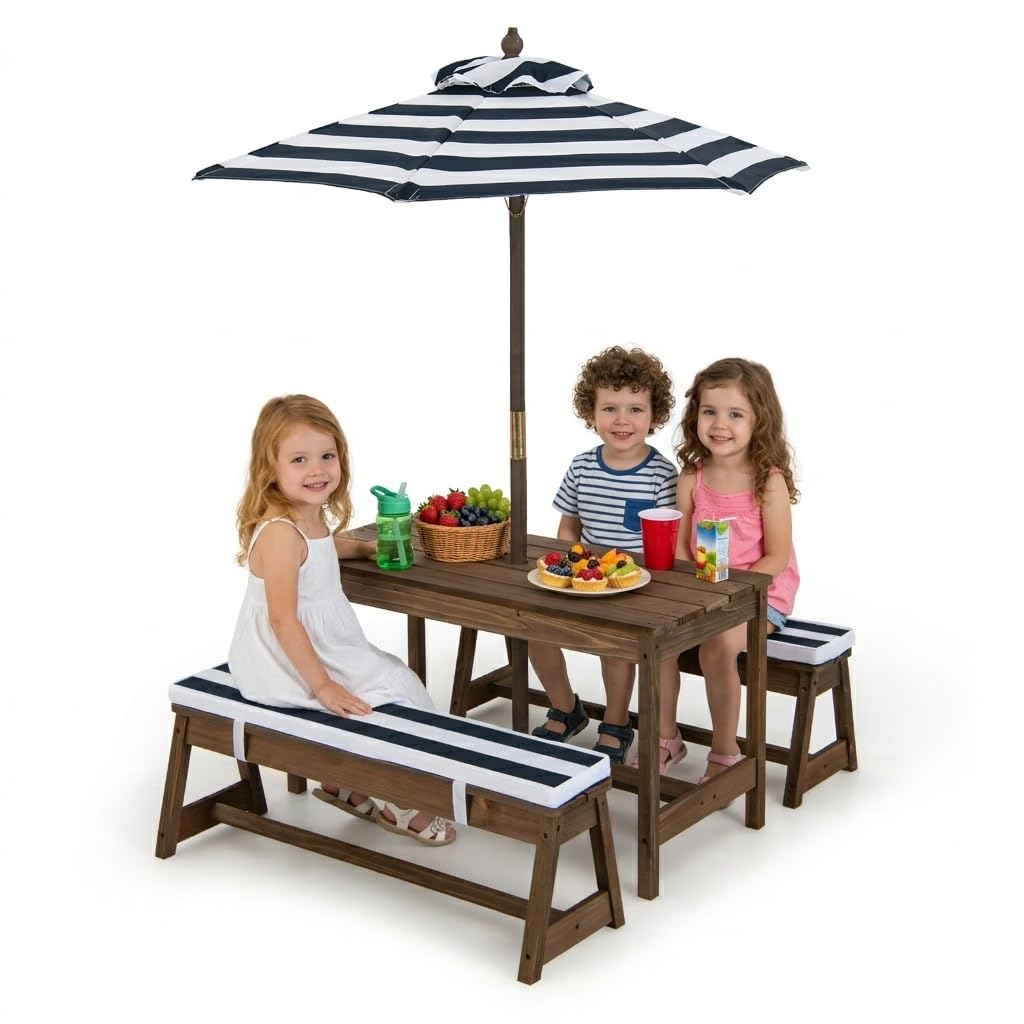 Kids Outdoor Umbrella - Height Adjustable Wooden Kids Picnic Table