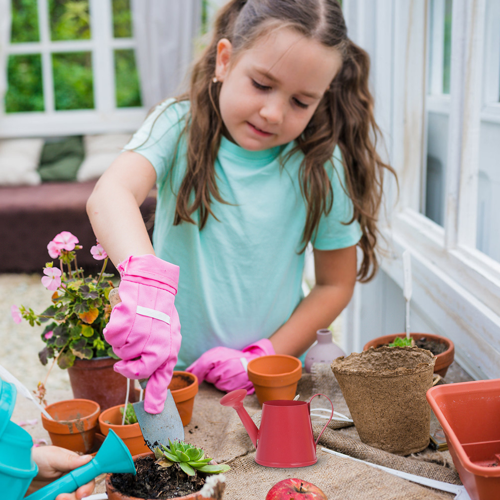 Kids Outdoor Garden Set - 4Pcs Mini Metal Watering Can Colored