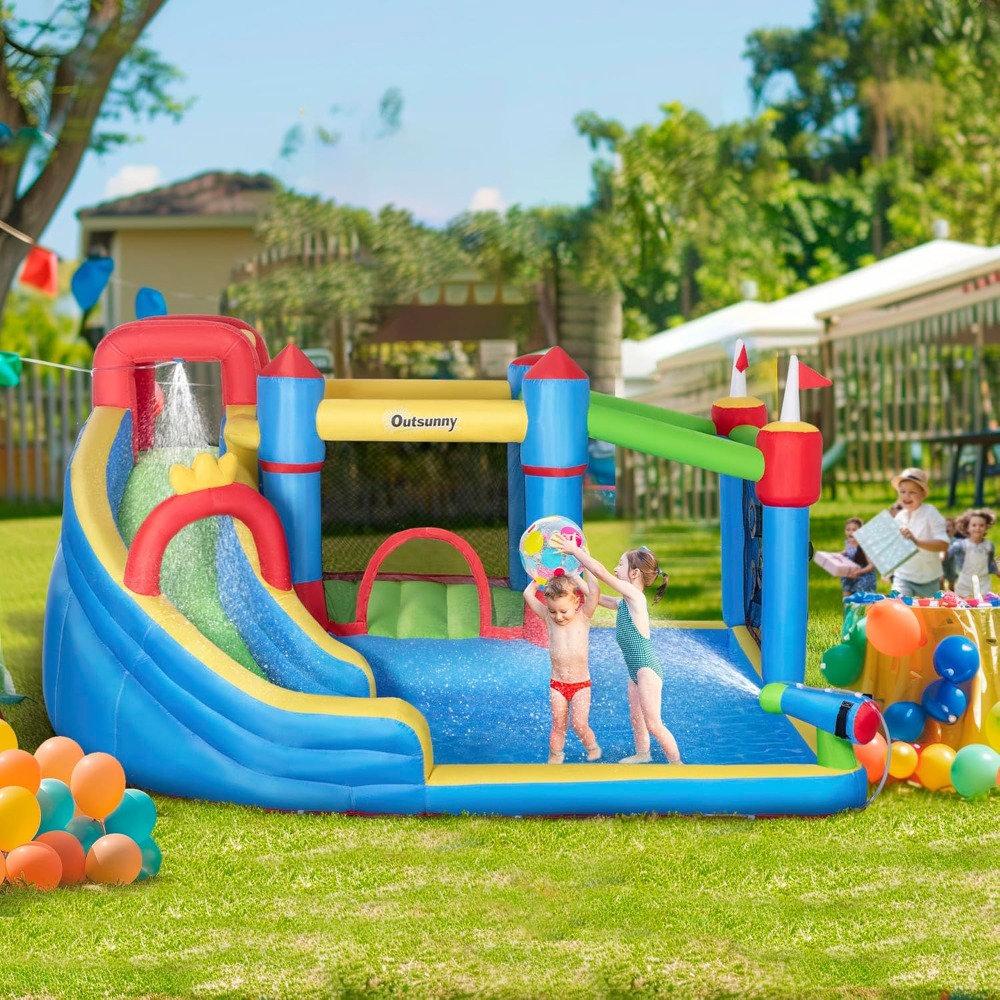 Kids Outdoor Climbing Wall - Inflatable Water Slide with Splash Pool