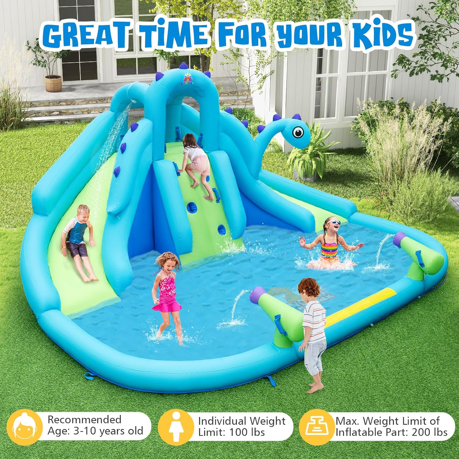 Inflatable Water Slide, Dinosa - مراجعة Kids Outdoor Climbing Wall وسعره