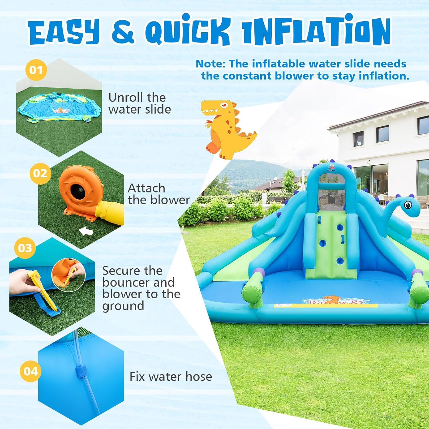 Inflatable Water Slide, Dinosa - مراجعة Kids Outdoor Climbing Wall وسعره