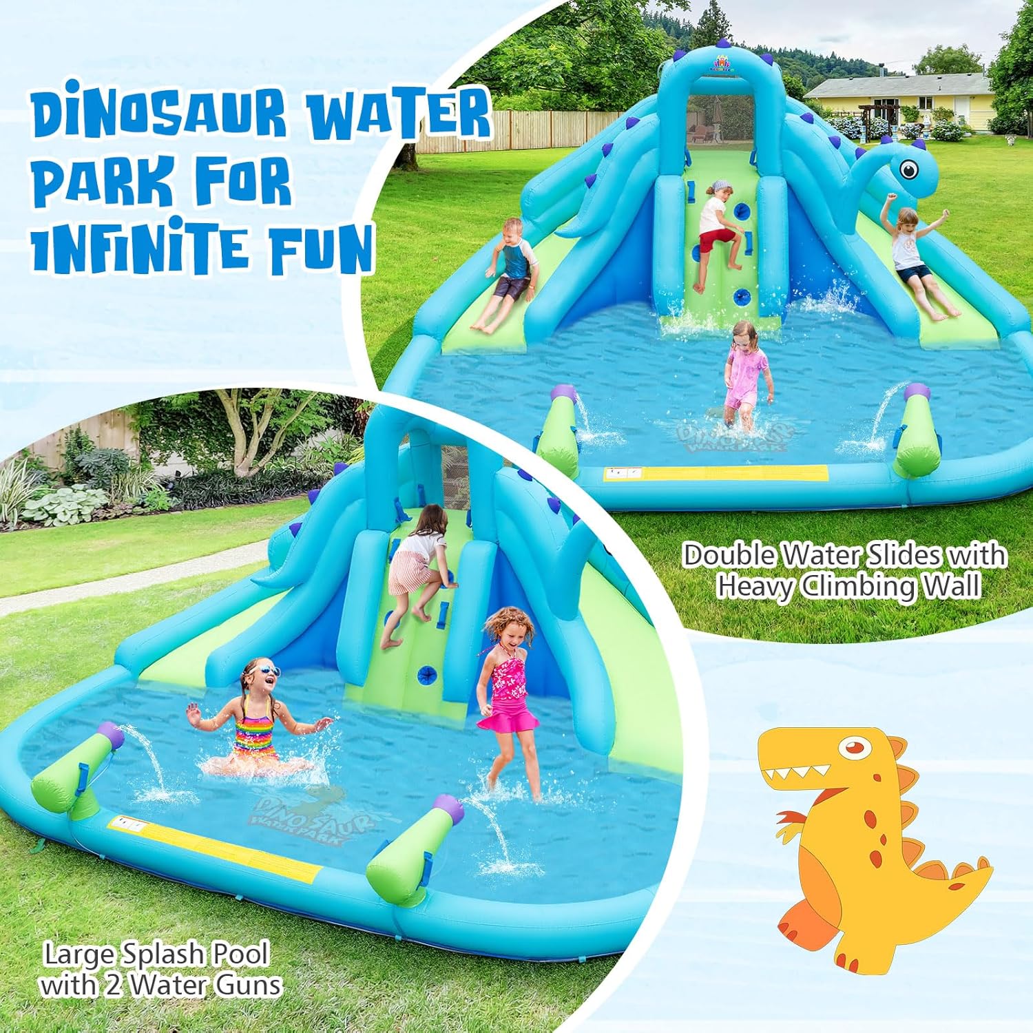 Inflatable Water Slide, Dinosa - مراجعة Kids Outdoor Climbing Wall وسعره